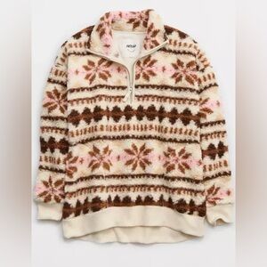 Aerie Nordic Pattern Fleece Pullover - Cream, Brown, Pink